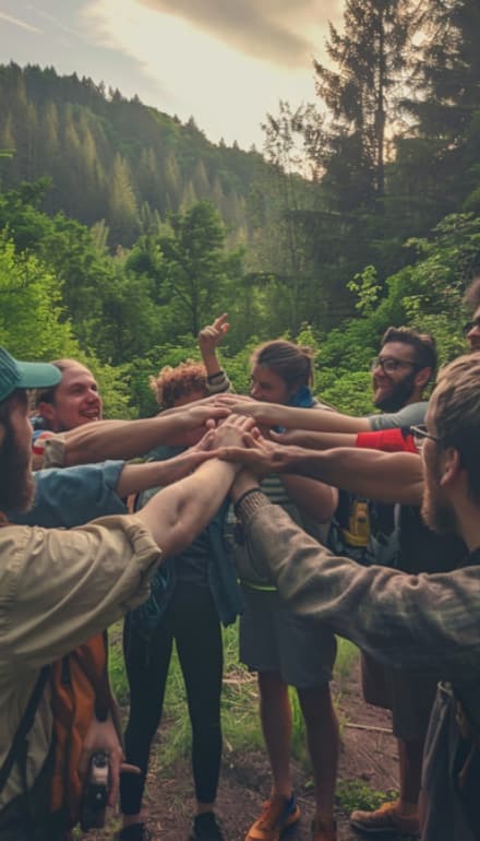 a diverse group of individuals standing in a forest, holding hands in unity amidst the natural surroundings