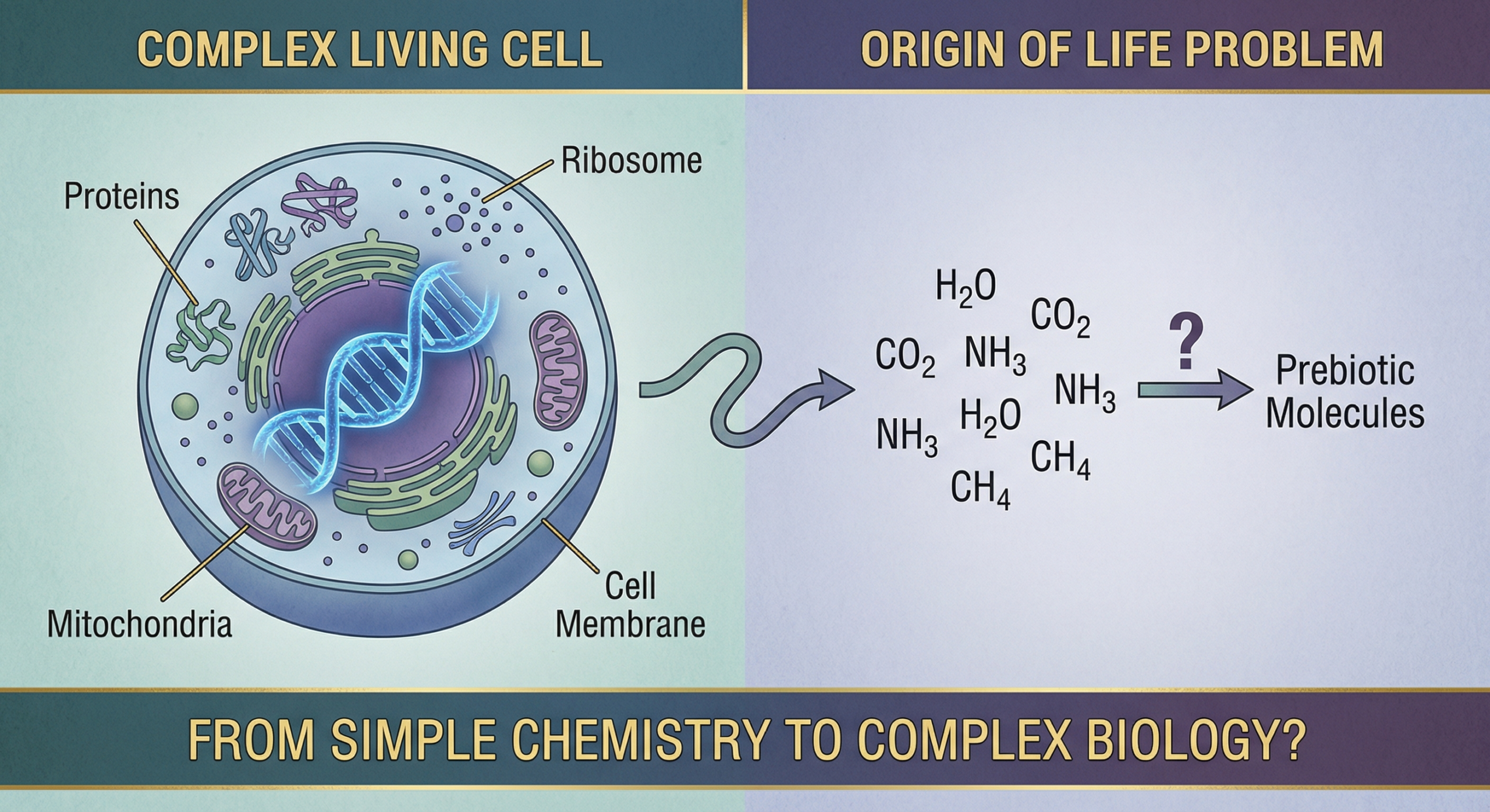 Scientific illustration showing cellular complexity and the origin of life problem